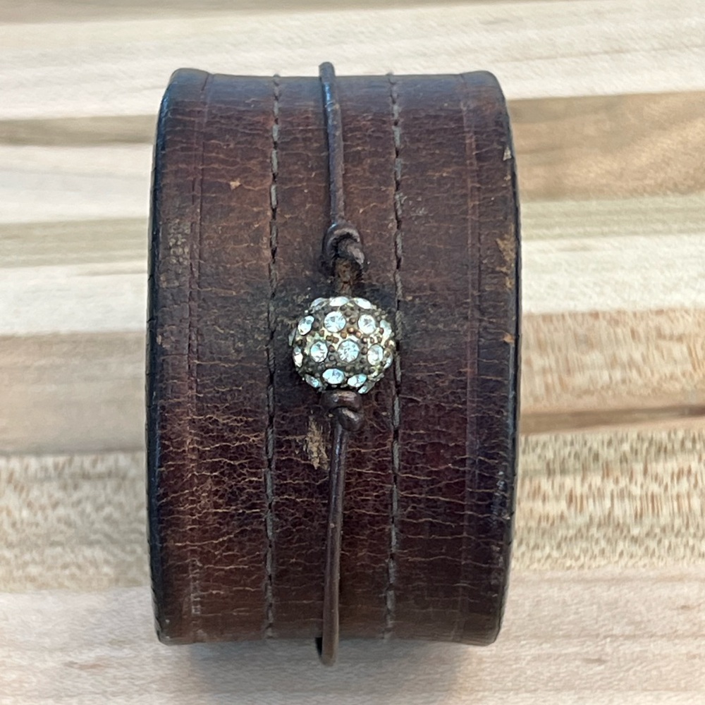 Brown Leather Bracelet with Crystal Accent